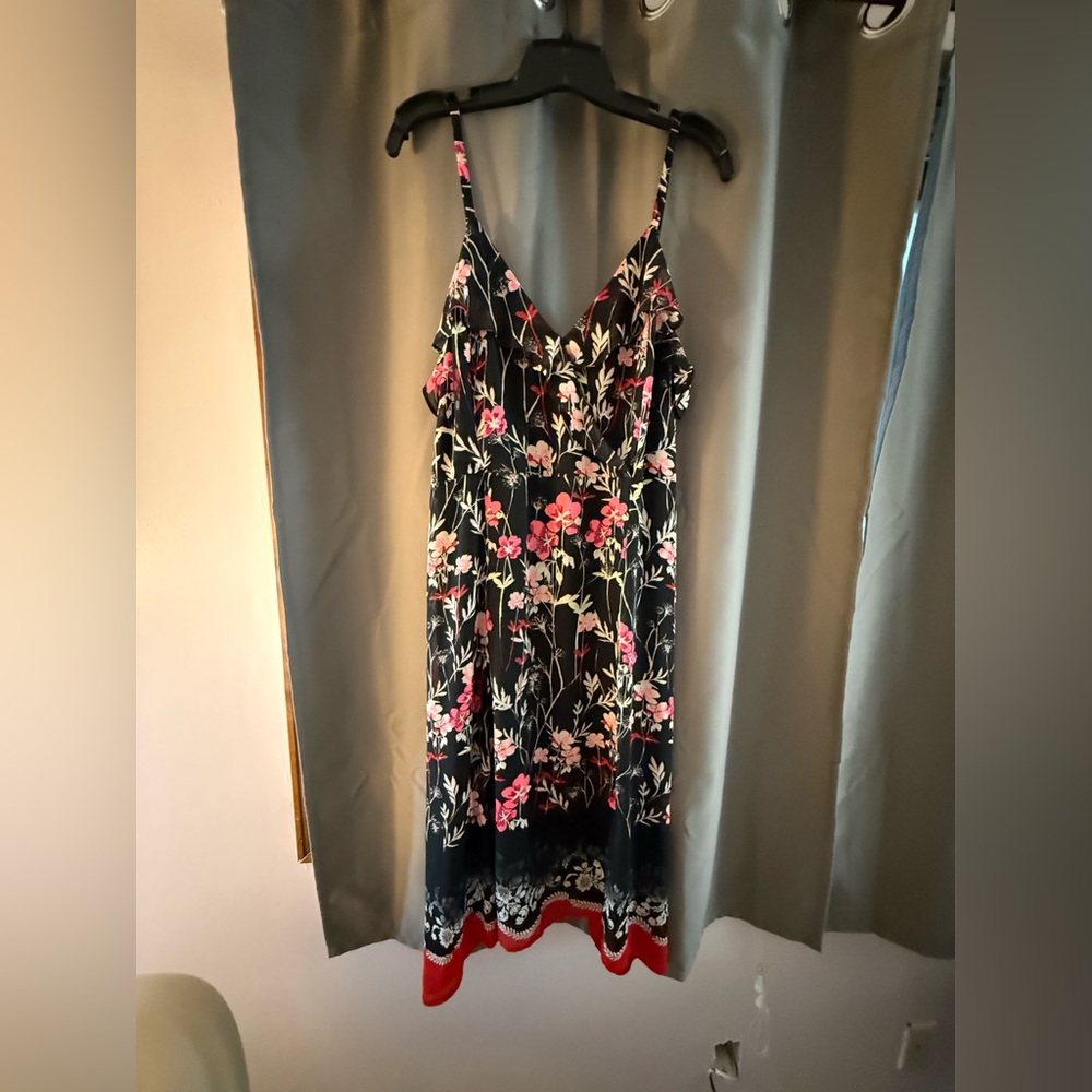 Express Black Floral Midi Slip Dress with Pink Blooms and Red Hem